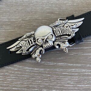 Harley Davidson-Willie G Skull,Wings&Rhinestones buckle w/ HD LEATHER CHAIN BELT